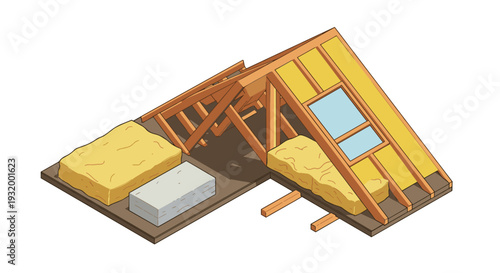 Cross-section of attic insulation in isometric style