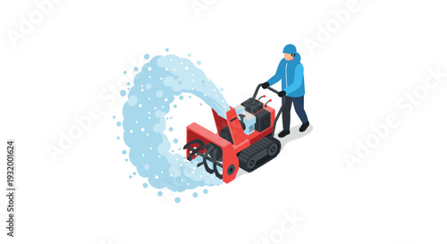 Isometric snow blower in action with operator in winter wear