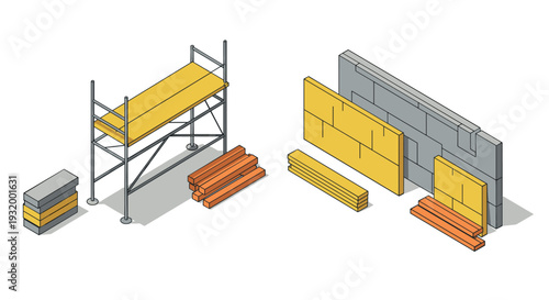Construction site tools and materials in isometric design with scaffolding and building elements