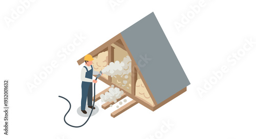 Isometric builder applying insulation foam on roof for energy efficiency