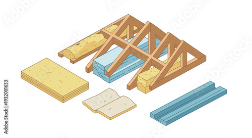Isometric roof construction elements: wood, insulation, and trusses