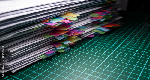 Obraz na płótnie stack of reports with many colorful post it notes for project management and off