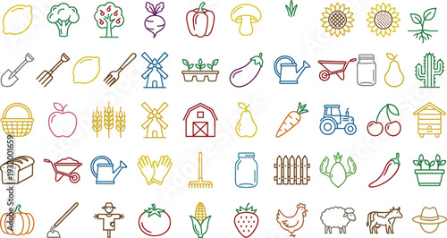 Set of colorful agriculture line icons featuring organic vegetables, farming tools, garden equipment, livestock animals, rural barn, and fresh harvest isolated on white background