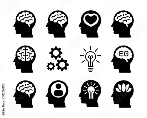 A collection of black and white icons representing various aspects of the human mind and thought process