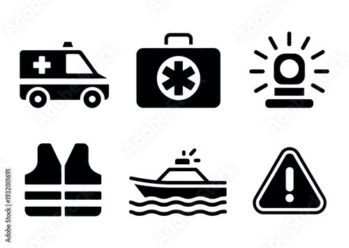 A collection of safety icons including an ambulance, first aid kit, and life jacket on a white background.