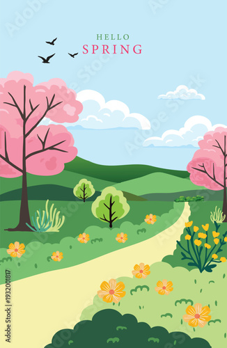 Spring landscape with a path, flowering trees, green grass, and birds flying in sky, hello spring, nature background