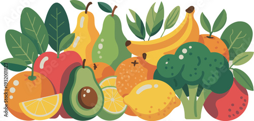 A bountiful pile of fresh produce includes both sweet fruits and green vegetables. Bananas, avocados, and pears are mixed with broccoli and leafy greens in a colorful display. 
