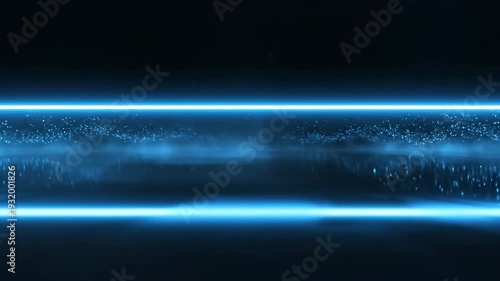 Minimal futuristic composition featuring a thin electric-blue light strip hovering above a glossy reflective surface, mirrored glow creating precise symmetry and depth, soft atmospheric haze and