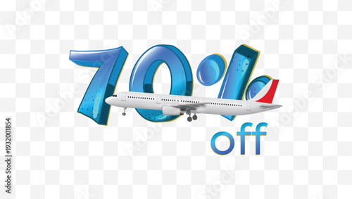 Airplane flying with 70% off text, travel discount, flight sale promotion, limited time offer, great deal for travelers