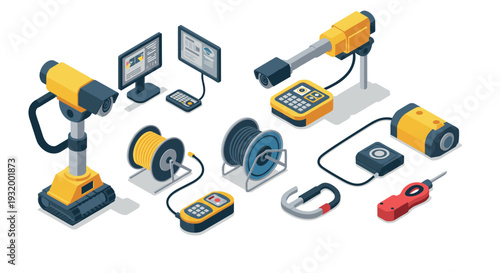 Modern surveillance equipment isometric set with cameras and tools for security systems