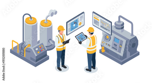 Industrial automation concept with engineers using tablets in a factory setting