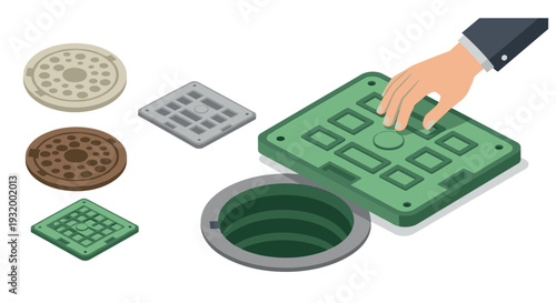 Isometric urban manhole covers with hand in various designs and colors