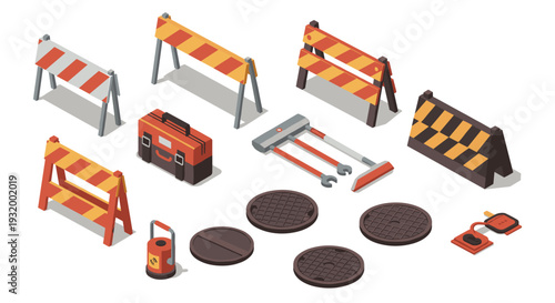 Isometric construction tools and safety barriers for urban development projects