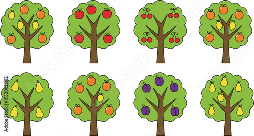 Set of flat vector fruit trees icons including apple, pear, cherry, orange, plum, and lemon trees for garden, agriculture, nature, and harvest concepts