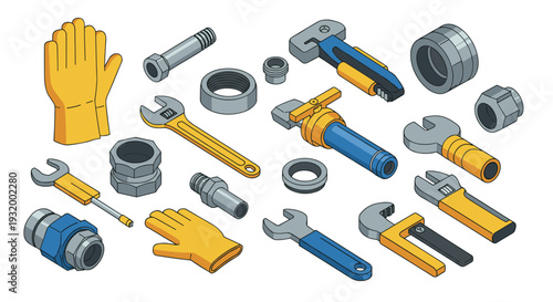 Isometric tools set: wrenches, gloves, and nuts for construction and repair projects