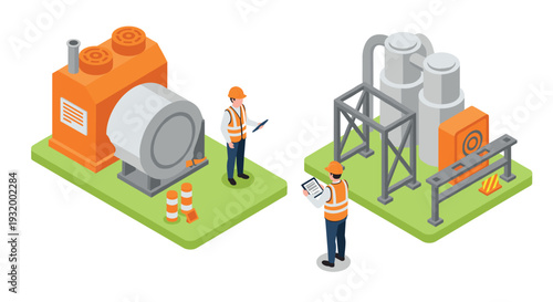 Industrial team monitoring machinery in isometric construction setting