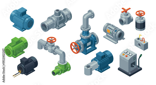 Isometric industrial equipment set with motors and valves