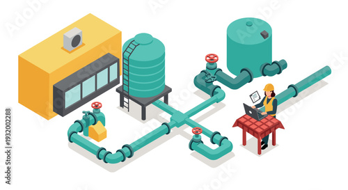 Isometric industrial facility with engineer analyzing water system pipes