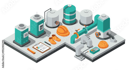Isometric industrial equipment and safety gear layout for factory setup guidance