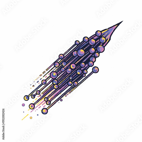 Abstract cluster of purple spheres moving upwards rapidly.