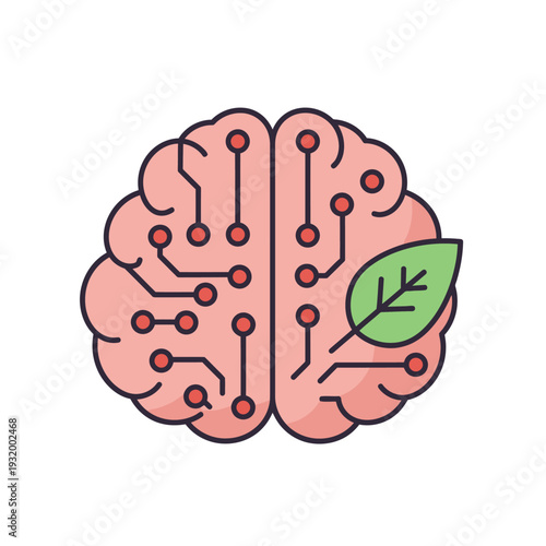 Brain with circuit board and green leaf symbolizing ecofriendly technology and innovation in neuroscience  modern concept of sustainable thinking and green energy