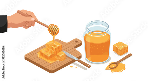 Isometric honeycomb and jar with honey dripping on wooden board