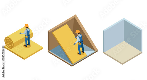 Construction worker adding insulation in isometric view with three steps