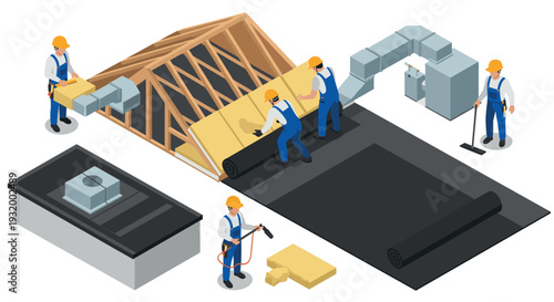 Roof installation process isometric design with workers and construction tools