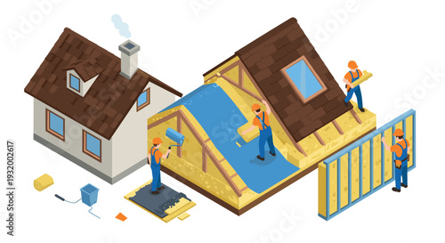 Isometric home insulation process with construction workers and building materials