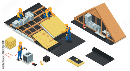 Isometric roof insulation process with workers and materials