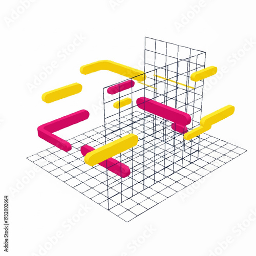 Abstract Geometric Sculpture with Bright Cylinders and Grid Structure.