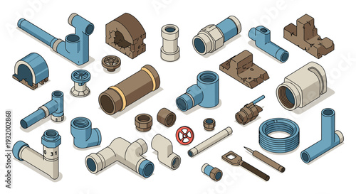 Isometric plumbing elements set with pipes, fittings, and valves for water systems