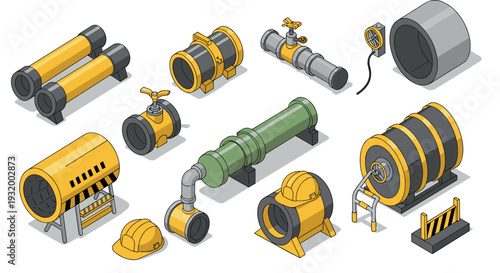 Industrial isometric pipes and valves set with construction elements
