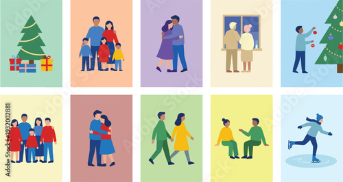 Set of winter lifestyle flat vector illustrations with family celebrating Christmas together, romantic couples hugging, people walking and ice skating on colorful backgrounds