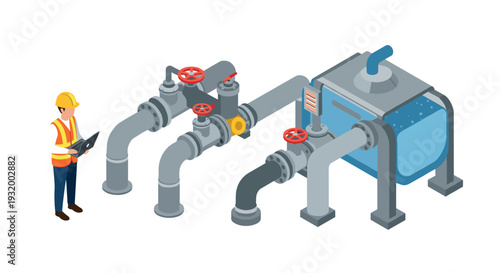 Industrial worker managing water pipeline system with digital tablet in isometric design