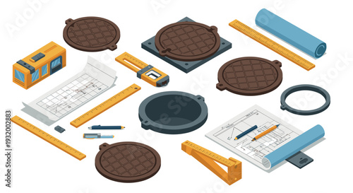 Isometric engineering tools and instruments for construction planning and design