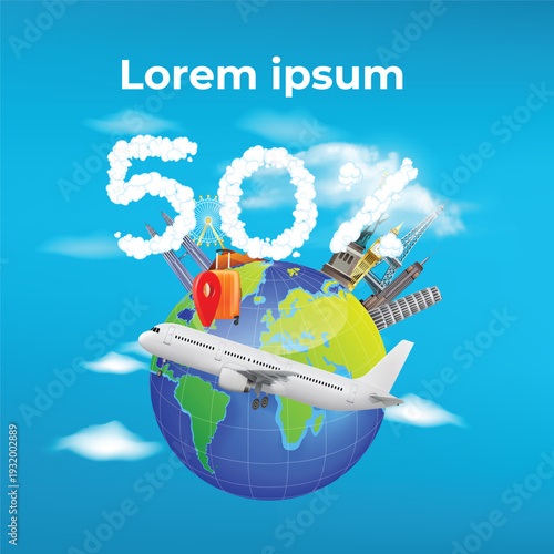 Travel promotion banner with fifty percent discount cloud text around earth globe with landmarks airplane luggage and map location pin on blue sky