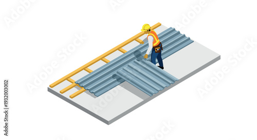 Construction worker installing corrugated roof sheets in isometric design