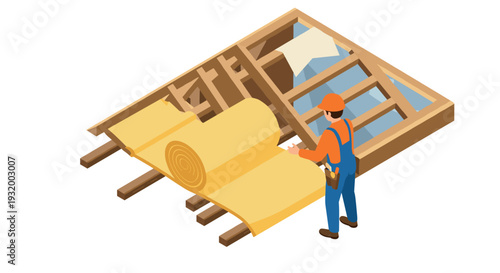 Isometric construction scene with builder installing roof insulation
