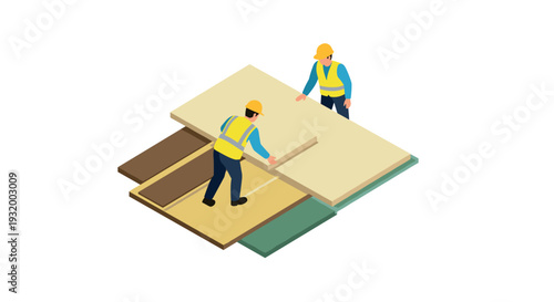 Isometric construction workers installing floor panels on white background
