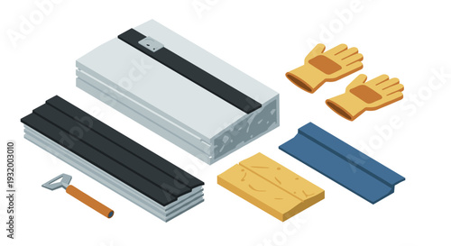 Construction tools and materials: isometric building essentials featuring gloves, trowel, and insulated block