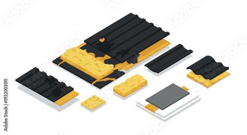 Isometric chocolate bar with nougat filling and broken pieces on white background