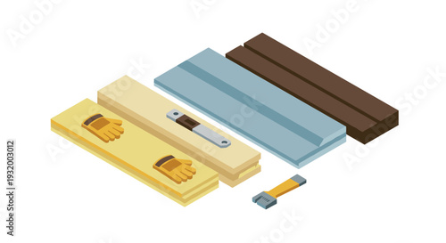 Isometric woodworking tools and materials set with gloves and toolbox