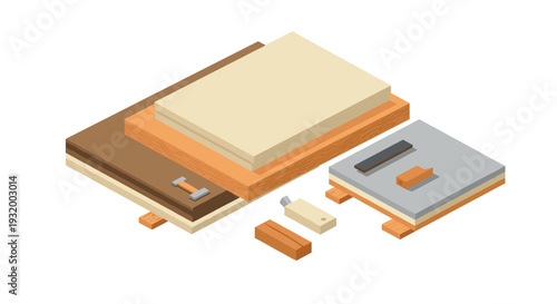 Isometric stack of building materials with wooden planks, bricks, and cement blocks