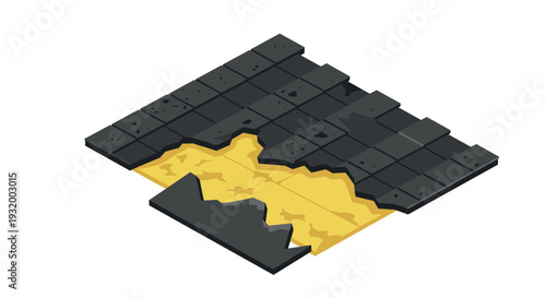 Isometric cracked pavement revealing underground desert layer