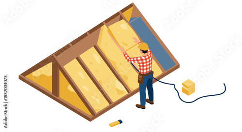 Worker installing attic insulation in wooden frame for energy efficiency