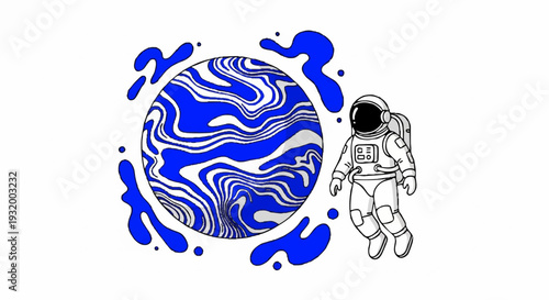 Astronaut floating near a swirling blue planet in outer space.