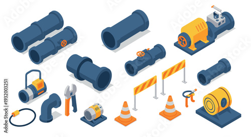 Isometric industrial plumbing elements and tools for construction projects