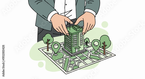 Businessperson placing miniature skyscraper on city map with location pins.