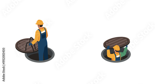 Workers opening manhole covers: safety gear and protective equipment